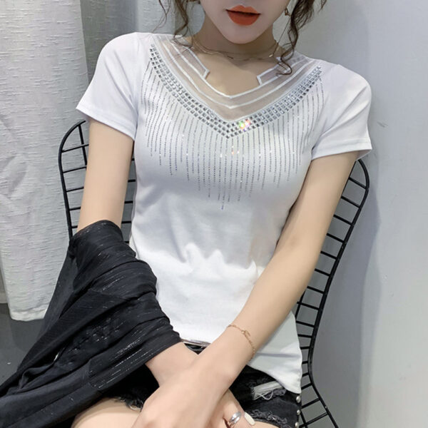 Mesh V-neck Patchwork T-shirt Women's Short Sleeve - Image 3