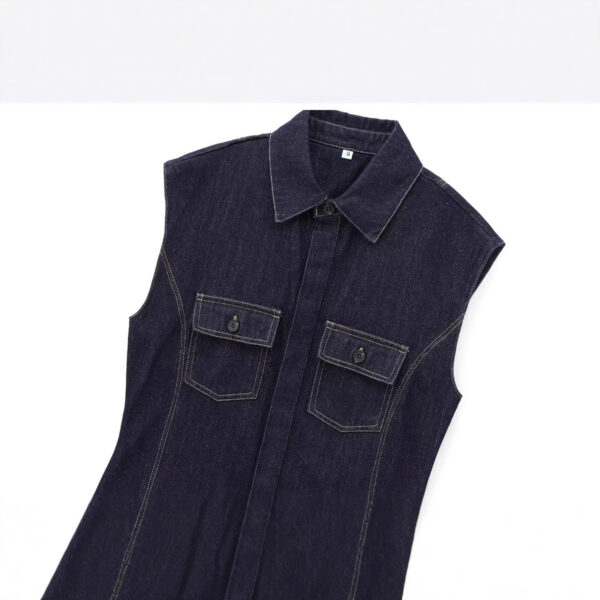 European And American Style Fashion String Decoration Lapel Sleeveless Denim Shirt - Image 2