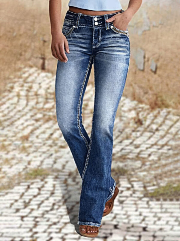 Ladies Mid Waist Stretch Washed Jeans Simple Slim Fit - Image 5