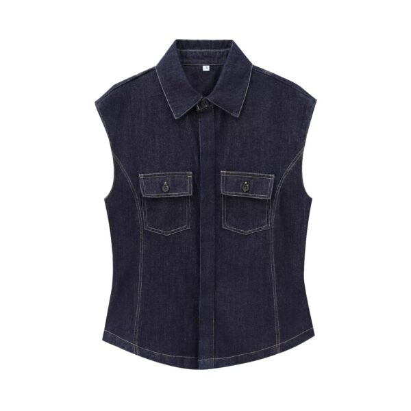 European And American Style Fashion String Decoration Lapel Sleeveless Denim Shirt - Image 5
