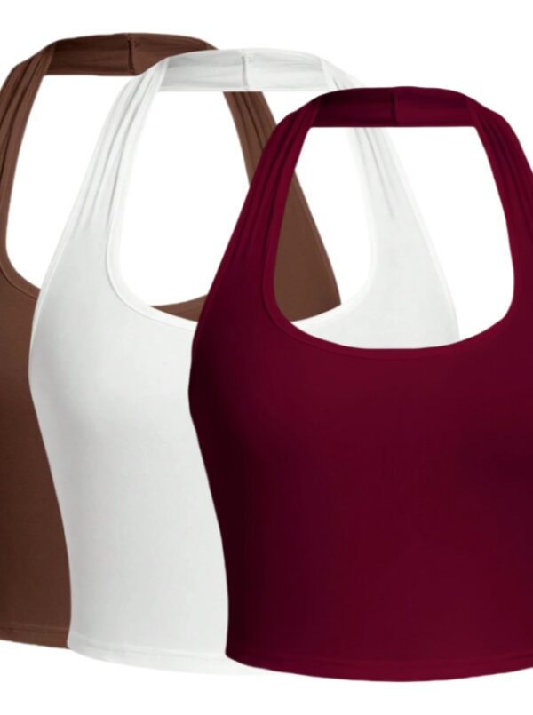 Solid Color Cropped Halter Neck Slim Fit Tank Top For Women 3PC Set - Image 3