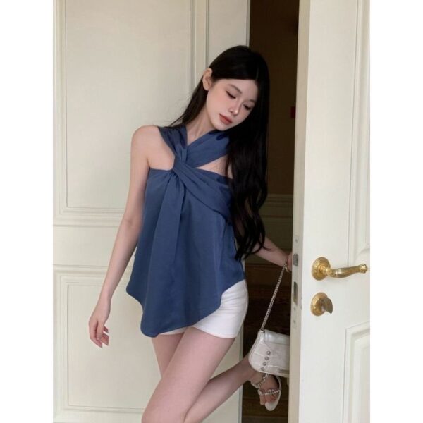 Blue Halter Niche Sleeveless Vest Elegant Chic Slim Top - Image 7