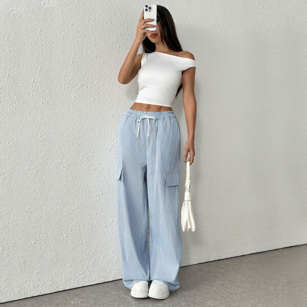 Women's Casual Elastic Striped Pocket Trousers - Image 2
