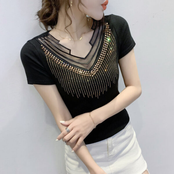 Mesh V-neck Patchwork T-shirt Women's Short Sleeve - Image 2