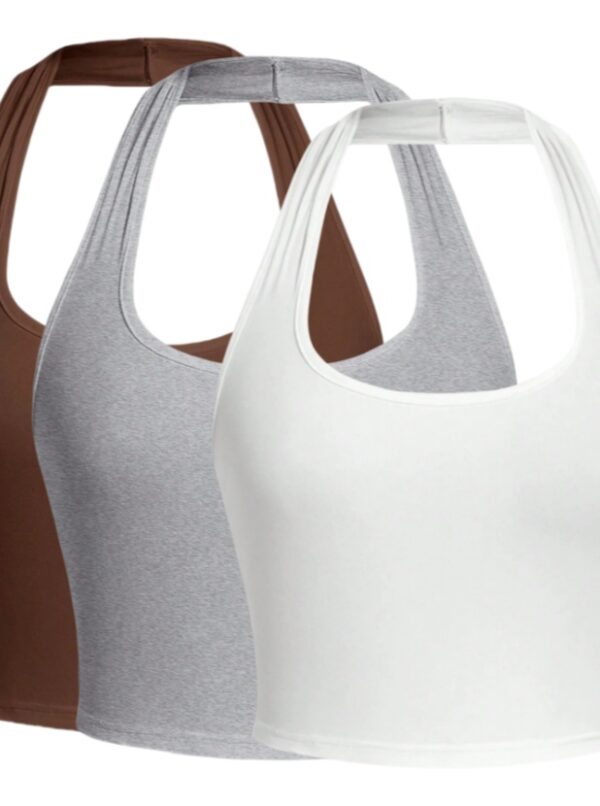 Solid Color Cropped Halter Neck Slim Fit Tank Top For Women 3PC Set - Image 7