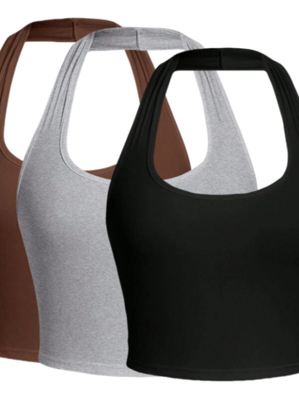 Solid Color Cropped Halter Neck Slim Fit Tank Top For Women 3PC Set - Image 10