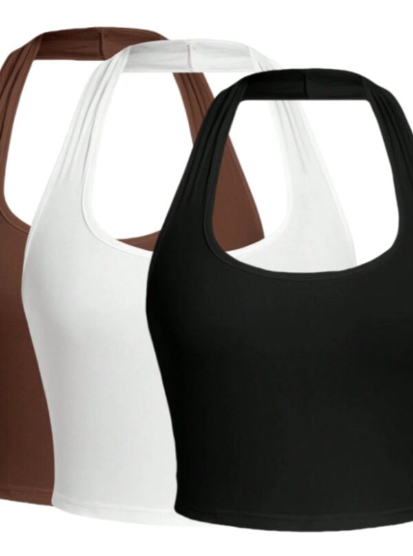 Solid Color Cropped Halter Neck Slim Fit Tank Top For Women 3PC Set - Image 8