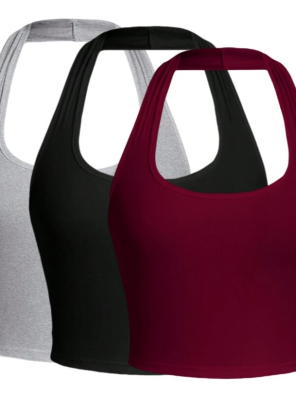 Solid Color Cropped Halter Neck Slim Fit Tank Top For Women 3PC Set - Image 5