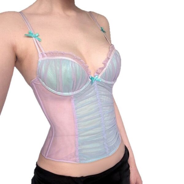 Pure Desire Mesh Stitching Contrast Color Bow Small Sling Vest - Image 4