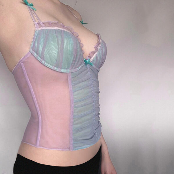 Pure Desire Mesh Stitching Contrast Color Bow Small Sling Vest - Image 3