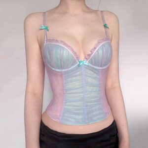 Pure Desire Mesh Stitching Contrast Color Bow Small Sling Vest
