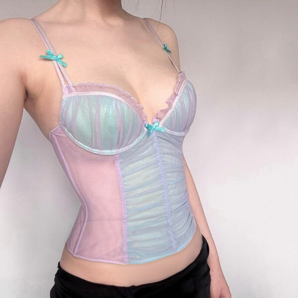 Pure Desire Mesh Stitching Contrast Color Bow Small Sling Vest - Image 5