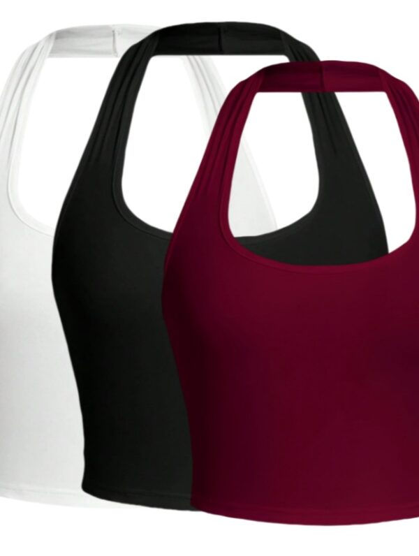 Solid Color Cropped Halter Neck Slim Fit Tank Top For Women 3PC Set - Image 6