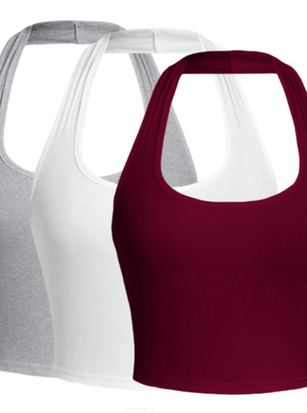 Solid Color Cropped Halter Neck Slim Fit Tank Top For Women 3PC Set - Image 2