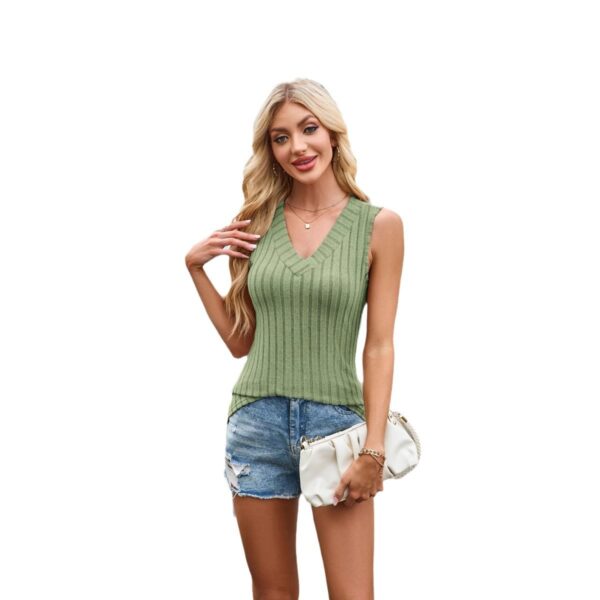 Sleeveless Knitted Large V-neck Solid Color Rib Fabric Pullover Women's Vest - Image 7