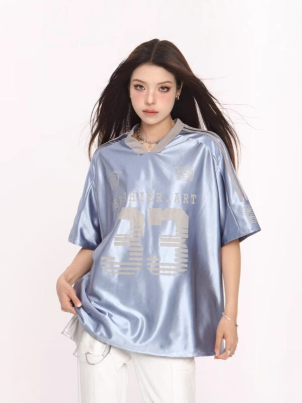 Retro V-neck Splicing Letter Print Short-sleeve - Image 4