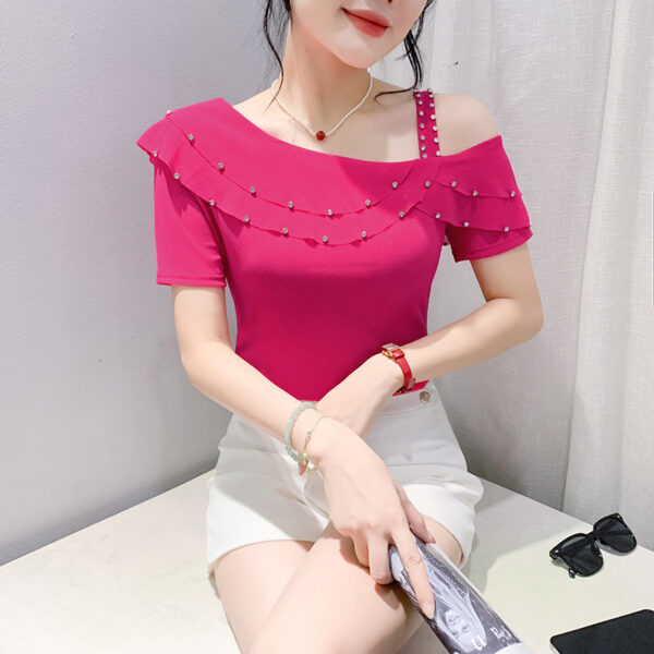 Ruffled Short Sleeves Off-the-shoulder Filamentation Top - Image 5