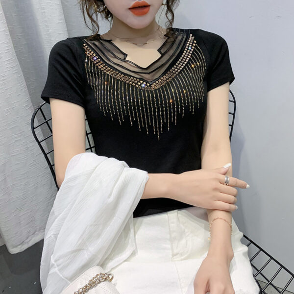 Mesh V-neck Patchwork T-shirt Women's Short Sleeve - Image 5