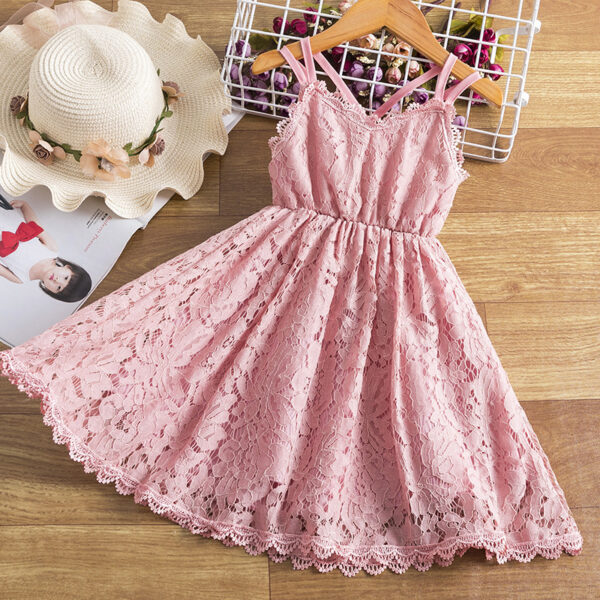 Children's Embroidered Skirt Lace Dress With Suspenders And Beautiful Back - Image 4