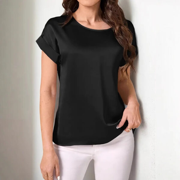 Round Neck Solid Color Smooth Surface Short Sleeve Loose - Image 2