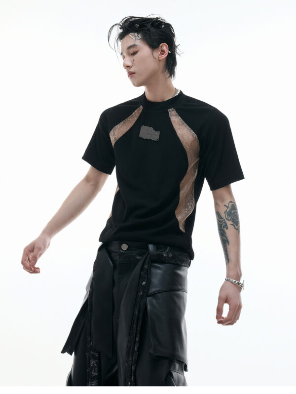 Niche Deconstruction Contrast Color Retro Short-sleeved Slim-fit Pit Texture Bottoming Shirt - Image 2