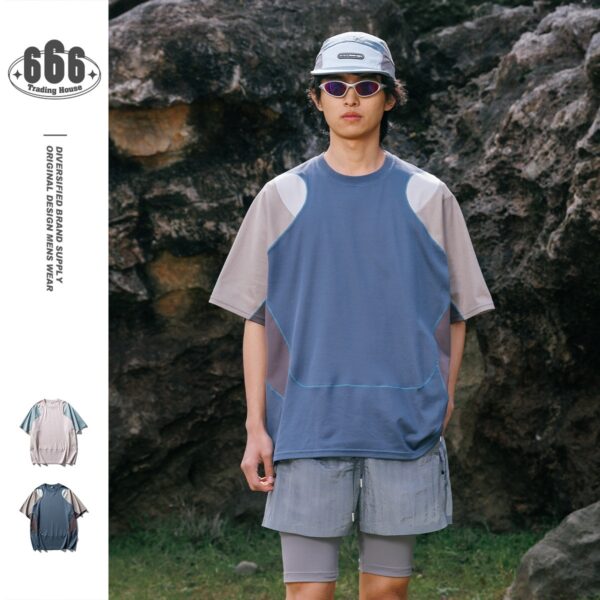 Men's Patchwork Contrast Color Sports T-shirt Loose Short Sleeve - Image 4