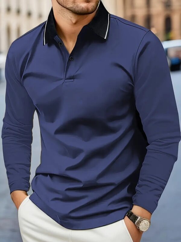 Autumn Men's Lapel Golf Casual Sports Contrast Color Long Sleeves Top - Image 6