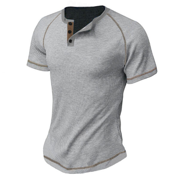 Round Neck Men's Heavy Waffle Casual Henry Short Sleeve - Image 5