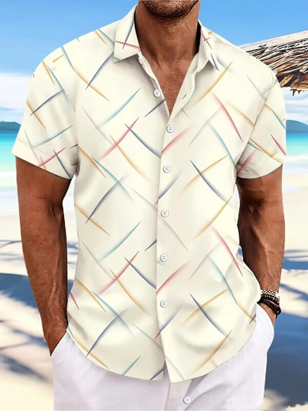 Summer New Men's Striped Feather Casual Beach Short Sleeve Button Shirt - Image 4