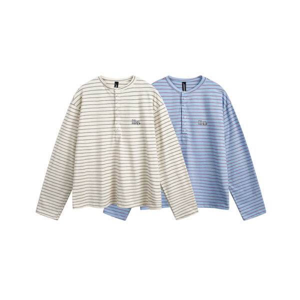American Retro Men's Clothes Striped Long Sleeve Embroidered Button T-shirt - Image 3