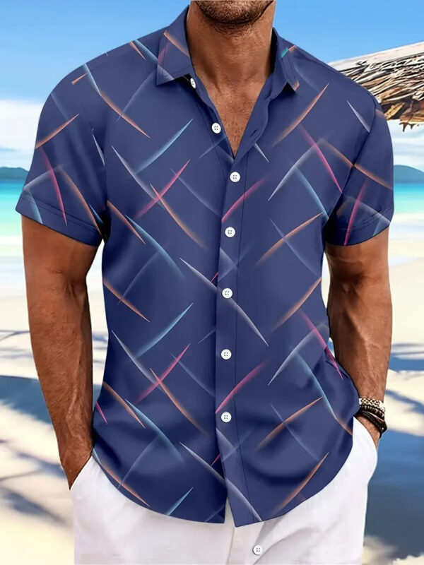Summer New Men's Striped Feather Casual Beach Short Sleeve Button Shirt - Image 6