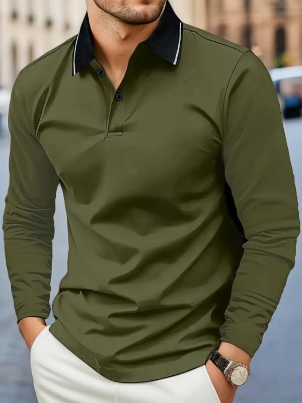 Autumn Men's Lapel Golf Casual Sports Contrast Color Long Sleeves Top - Image 2