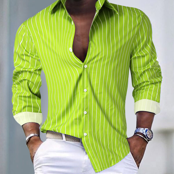 European And American Fall Winter Men Striped Lapel Cardigan Foreign Trade Striped Long Sleeve Shirt - Image 8