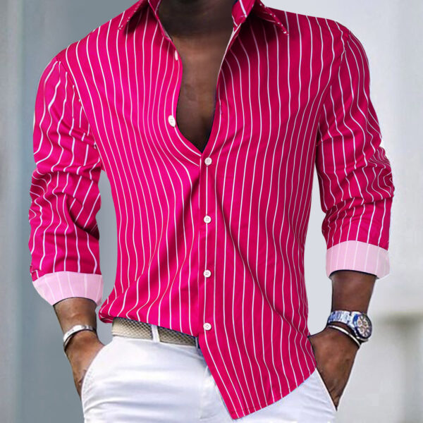 European And American Fall Winter Men Striped Lapel Cardigan Foreign Trade Striped Long Sleeve Shirt - Image 3