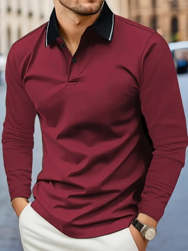 Autumn Men's Lapel Golf Casual Sports Contrast Color Long Sleeves Top - Image 3