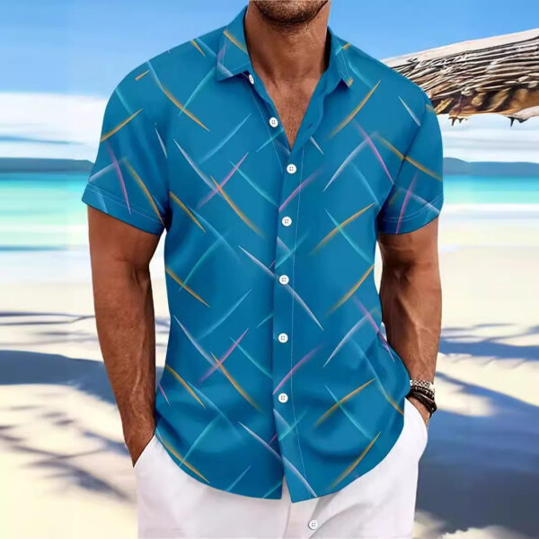 Summer New Men's Striped Feather Casual Beach Short Sleeve Button Shirt - Image 10
