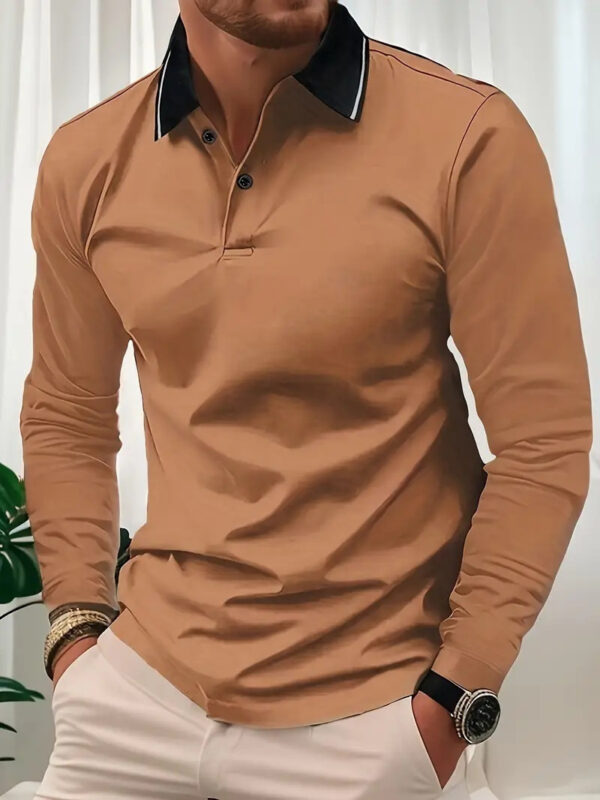 Autumn Men's Lapel Golf Casual Sports Contrast Color Long Sleeves Top - Image 4