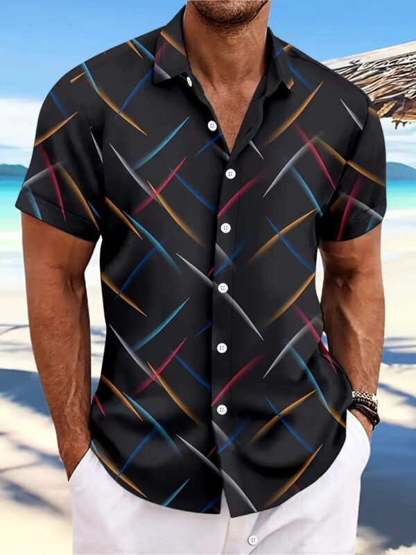 Summer New Men's Striped Feather Casual Beach Short Sleeve Button Shirt - Image 9