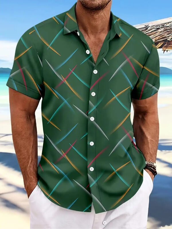 Summer New Men's Striped Feather Casual Beach Short Sleeve Button Shirt - Image 8