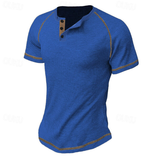 Round Neck Men's Heavy Waffle Casual Henry Short Sleeve - Image 3