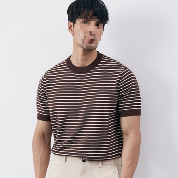 Men's High-grade Casual Striped Round Neck Knitted T-shirt - Image 4