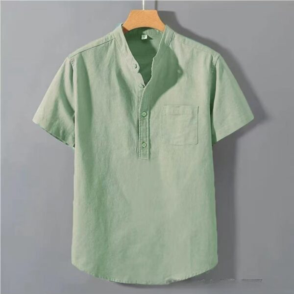 Casual Stand Collar Short Sleeve Solid Color Slub Linen Shirt Top - Image 2