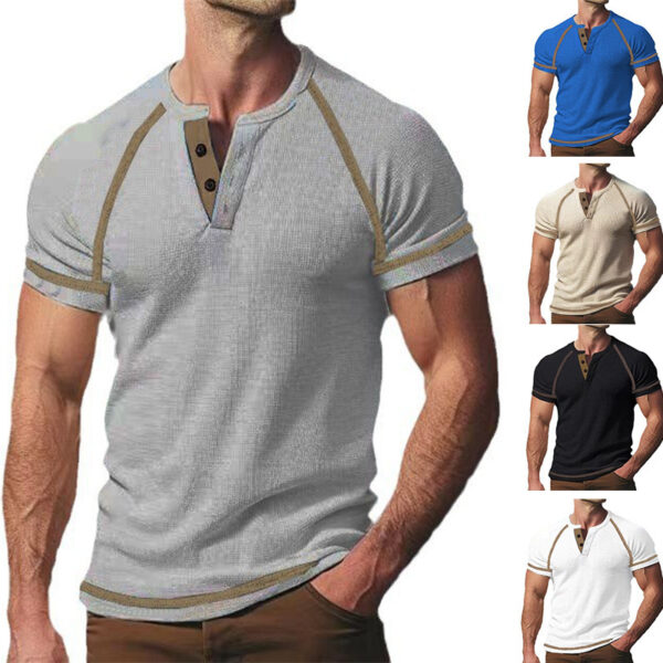 Round Neck Men's Heavy Waffle Casual Henry Short Sleeve - Image 7