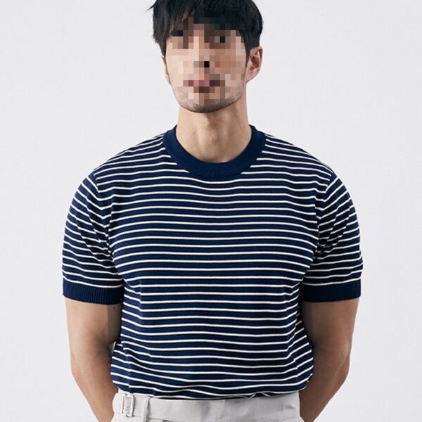 Men's High-grade Casual Striped Round Neck Knitted T-shirt - Image 3