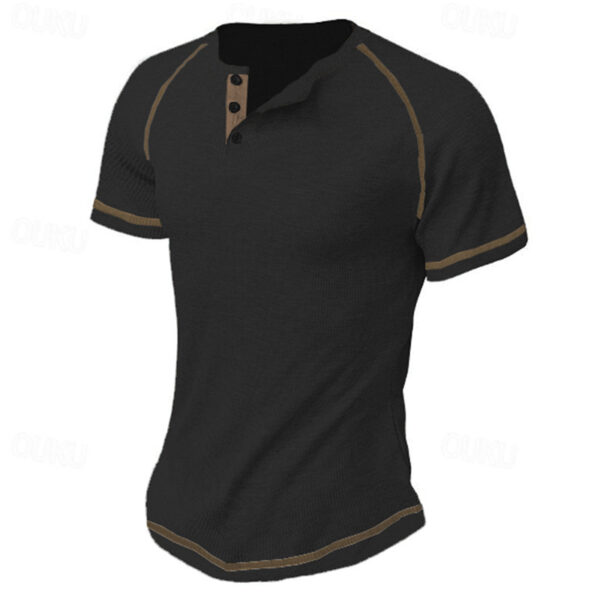 Round Neck Men's Heavy Waffle Casual Henry Short Sleeve - Image 10