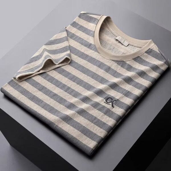 Striped Ice Silk Linen-like Short Sleeve Men's Slim Fit - Image 5