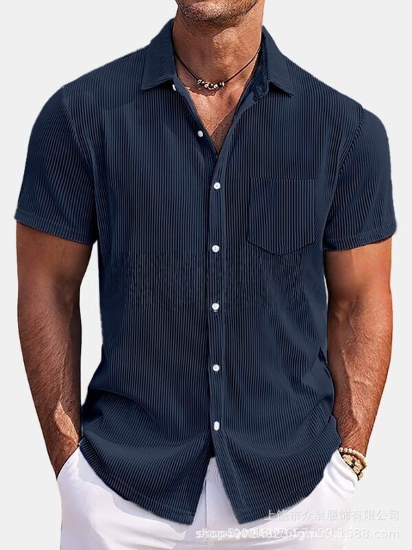 Solid Color Loose Vertical Striped Men's Short-sleeved Shirt - Image 4