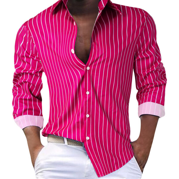 European And American Fall Winter Men Striped Lapel Cardigan Foreign Trade Striped Long Sleeve Shirt - Image 7