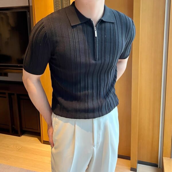 Casual Zipper Short Sleeve Men's Retro Elegant Jacquard Lapel - Image 8
