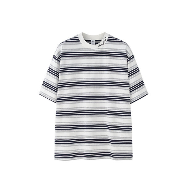 Men's Striped T-shirt Fine Woven Plaid Loose Street Embroidery - Image 3
